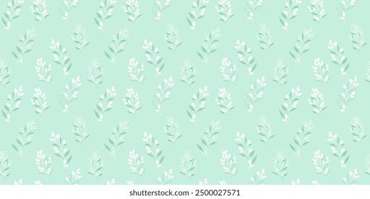 Pastel mint green pattern with abstract tiny branches, little flowers buds. Creative small floral stems with drops, dots, spots seamless light print. Vector hand drawing. Simple ornament 