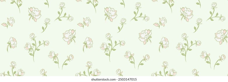 Pastel mint green pattern with abstract creative rosebuds, roses pattern. Vector hand drawing. Stylized tiny branches flowers seamless background. Simple ornaments for designs, textile, print