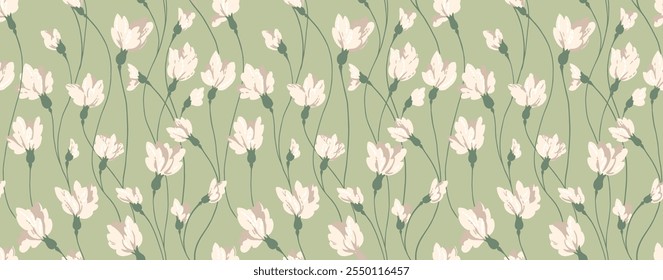 Pastel mint green pattern with creative florals stems. Abstract artistic branches with tiny flowers buds intertwined in a seamless print. Vector hand drawing. Simple ornament for designs, textiles