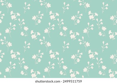 Pastel mint green pattern with tiny florals stem. Abstract artistic branches with small flowers seamless print. Vector hand drawing. Simple nature ornament for design, fashion, fabric, wallpaper