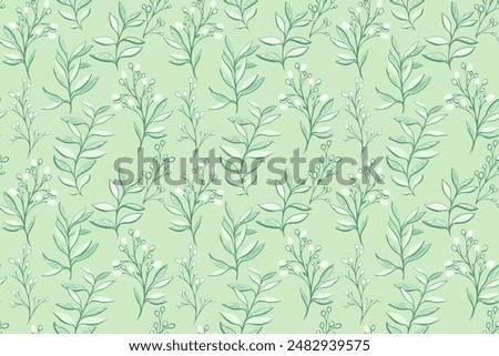 Pastel mint pattern with abstract artistic shapes leaf stems, creative berries on branch. Unique plants contemporary seamless print.  Vector hand drawing illustration. Designs for fabric