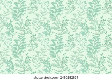 Patrón de menta pastel con ramas de arte estilizado, hojas de Formas abstractas. Subgrupos florales creativos, impresión contemporánea sin fisuras. Ilustración de dibujo a mano de Vector. Diseños para tela, cubierta, textiles