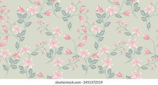 Pastel mint seamless pattern with branches tiny flowers bells, small leaves. Vector hand drawn illustration. Artistic, abstract wild floral stems printing. Template for design