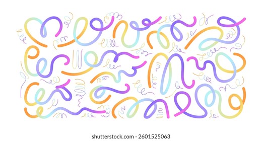 Pastel Modern Art with Hand Drawn Wavy Lines and Scribble Futuristic Sketches with Vibrant Colors. Playful geometric fluid organic shapes isolated. Trendy colorful freehand line doodles.