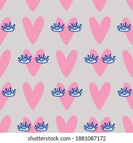 Pastel Modern pattern for Valentine's Day. Hand drawn Hearts with big eyes. Seamless vector print suitable for wallpaper, textiles and wrapping paper