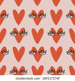 Pastel Modern pattern for Valentine's Day. Hand drawn RED Hearts with big eyes. Seamless vector print suitable for wallpaper, textiles and wrapping paper