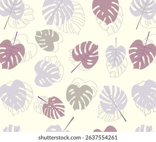 Pastel monstera leaf pattern. Features purple, beige, and gray monstera leaves on a light beige background. Great for a soft, tropical aesthetic.