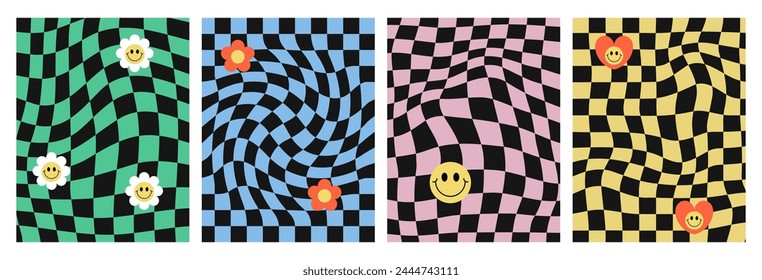 Pastel mosaic hippie posters set in 70s. Groovy psychedelic checkerboard backgrounds with happy flowers, heart, daisy. Trendy retro cover for social media. Vector illustration