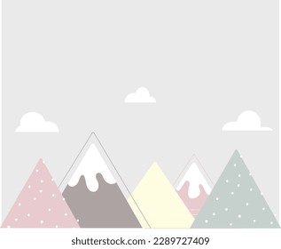 Pastel mountains on gray background.Cute geometric mountains  with clouds.Delicate pastel colors.Perfect for children's design.Simple kids background