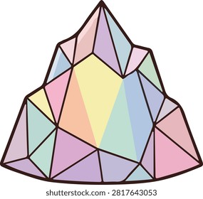 Pastel multi-colored geometric crystal rock mountain, vector icon isolated on a white background. Low poly style design suitable for fantasy, gaming, stickers, and creative collections.