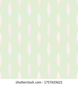 Pastel multicolored geometric seamless pattern with vertical rows of small leaves. Repeat symmetrical botanical pattern. Vector illustration.