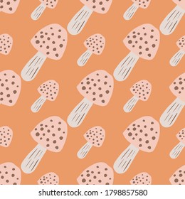 Pastel mushroom ornament seamless pattern. Doodle wild print with orange background and light pink elements. Great for wallpaper, textile, wrapping paper, fabric print. Vector illustration.