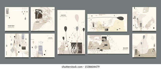Pastel muted pale calm tones card natural templates set. Collection of romantic invitations with gold abstraction background line color