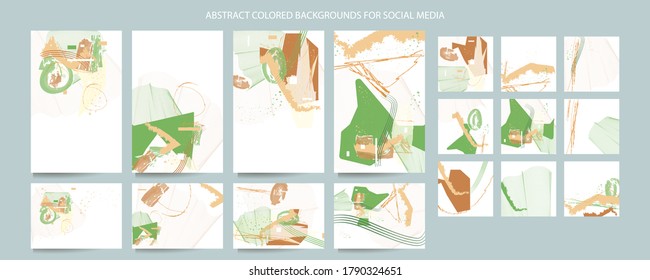 Pastel muted pale calm tones card templates set. Collection of romantic abstraction background lines and brushstrokes