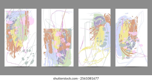 Pastel muted pale calm tones card templates set. Collection of romantic abstraction background lines