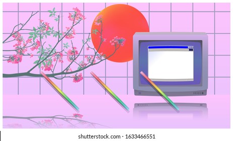 Pastel neon ambience room and CRT TV with vintage  desktop and tropical Pink trumpet tree, technology nerd 80s nostalgic feelings