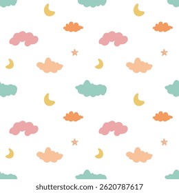 Pastel night seamless pattern. Star, crescent, clouds pattern. Seamless cute pattern for kids, children. Background 