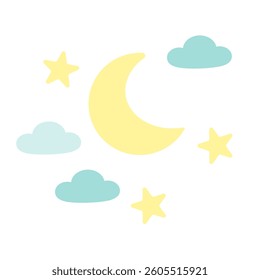 Pastel night sky vector set with crescent moon, stars and clouds – cute flat illustration for kids, baby room or decor