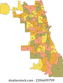 Mapa administrativo de vector plano con número Pastel de los CONSEJOS DE LA CIUDAD DE CHICAGO, ILLINOIS con líneas de frontera negra de sus pabellones