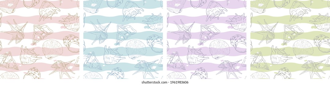 pastel ocean vacation seashell theme seamless pattern, surface, textile, fabric, cloth, gift wrap, wall paper, stationery, summer holiday vibe, sea creatures, shore, clam, shell, soft colour palette