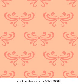 Pastel orange abstract damask seamless pattern of curls in retro style. Floral vintage background. Art nouveau style design. Vector illustration.