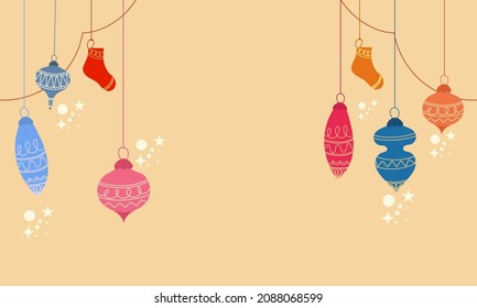 Pastel Orange Background Decorated With Doodle Baubles, Socks Hang And Copy Space.