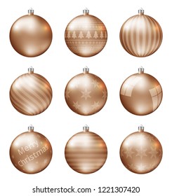 Pastel orange christmas balls isolated on white background. Photorealistic high quality vector set of christmas baubles.