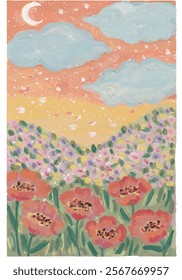 Pastel orange cloud sky with colorful flowers and garden hand drawn watercolor
