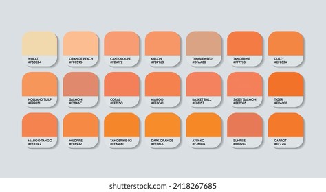 Pastel Orange Color Guide Palette with Color Names. Catalog Samples Orange with RGB HEX codes and Names. Metal Colors Palette Vector, Wood Pastel Orange Color Palette, Fashion Trend Pastel Orange art