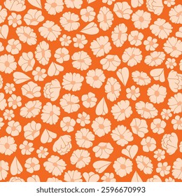 Pastel Orange Flower Silhouettes as Blender Scattered on a Tangerine Orange background creating a seamless pattern print background