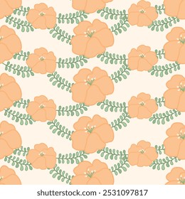 Pastel Orange Flowers and Leaves Stem Pattern. Warm -Garden Botanical Seamless Vector. Glasshouse Greenery Nature Calling Spring and Summer Decoration, Wallpaper, Hand Draw, Cartoon, Adorable, Prints.