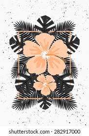 Pastel orange hibiscus flowers and gray palm leaves summer composition on white background. Modern poster, card, flyer, t-shirt, apparel design.