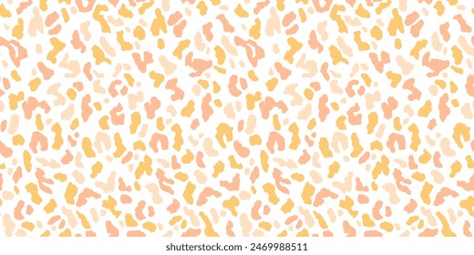 Pastel orange pink leopard skin print seamless pattern. Pastel cheetah or leopard spots background neutral safari print. Hand drawn peach pink, orange and white collage safari design.