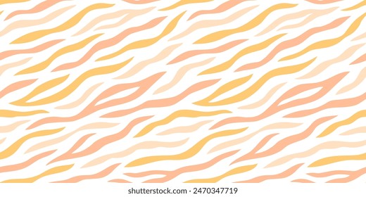 Pastel orange pink zebra skin print seamless pattern. Peach pink tiger or zebra stripes retro groovy flat style collage background. Hand drawn gender neutral pastel pink safari print.