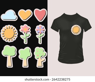 Pastel outline sticker pack: cloud, heart, sun, flowers, trees on black tee mock-up. Vibrant kidcore graphic ideal for T-shirts, hoodies, streetwear, DIY decals, heat-press and craft bundles.
