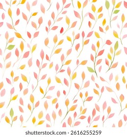 Pastel painting of pink, yellow, and orange leaves on a white background, tiny leaves seamless pattern vector illustration, doodle summer, kids and baby designs for print fabric.