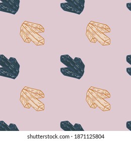 Pastel pale palette seamless pattern with doodle crystal ornament. Beige and blue minerals. Designed for fabric design, textile print, wrapping, cover. Vector illustration.