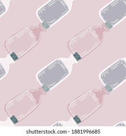 Pastel pale palette seamless pharmecy pattern with bottle silhouettes. Pink and blue tones artwork. Perfect for fabric design, textile print, wrapping, cover. Vector illustration.