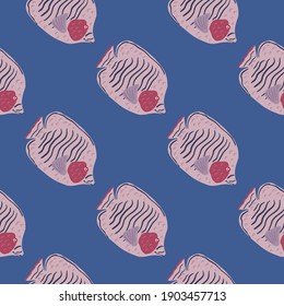 Pastel pale tones seamless pattern with pink butterfly fish silhouettes. Blue background. Hand drawn print. Decorative backdrop for fabric design, textile print, wrapping, cover. Vector illustration.