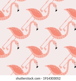 Pastel pale tones seamless pattern with pink colored flamingo elements. Grey pastel background. Vector illustration for seasonal textile prints, fabric, banners, backdrops and wallpapers.