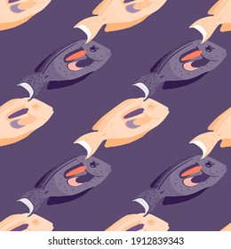Pastel palette cartoon seamless pattern with surgeon fish doodle print. Purple and orange palette artwork. Decorative backdrop for fabric design, textile print, wrapping, cover. Vector illustration