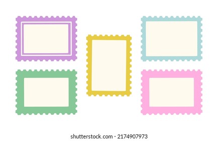 Pastel palette post stamps blank, cute coupons, tickets template cute collection. Letter postmark vector illustration, design elements, clip art set. 