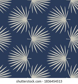 Pastellpalette nahtloses Doodle-Muster mit Talipot-Blättern Silhouetten. Navy blauer Hintergrund mit hellen Elementen. Für Stoffdesign, Stoffdruck, Umhüllung, Abdeckung. Vektorgrafik