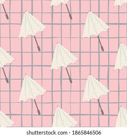 Pastel palette seamless doodle pattern with umbrella silhouettes. Pink chequered background. Decorative backdrop for fabric design, textile print, wrapping, cover. Vector illustration.