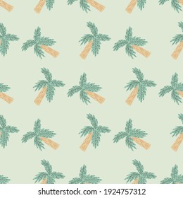 Pastel palette seamless pattern with cartoon doodle palm tree ornament. Light grey background. Creative print. Graphic design for wrapping paper and fabric textures. Vector Illustration.