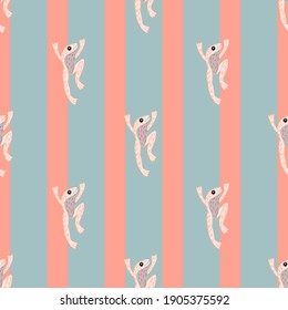 Pastel palette seamless pattern with cute animal frog silhouettes. Blue and pink striped background. Stock illustration. Vector design for textile, fabric, giftwrap, wallpapers.