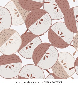 Paleta pastel patrón sin fisuras con formas de manzanas pálidas rosadas de dibujos animados. Fondo claro. Impresión de vitamina. Diseño gráfico para envolver texturas de papel y tela. Ilustración vectorial.