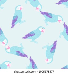 Pastel palette seamless pattern with doodle simple blue parrot ara elements. Macaw bird ornament. Stock illustration. Vector design for textile, fabric, giftwrap, wallpapers.