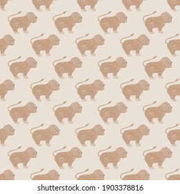 Pastel palette seamless pattern with funny beige lions for print. Light grey background. Cute kids print. Graphic design for wrapping paper and fabric textures. Vector Illustration.