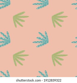 Pastel palette seamless pattern with green and blue colored foliage print. Pink background. Simple style. Decorative backdrop for fabric design, textile print, wrapping, cover. Vector illustration